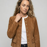 Women's Collarless Jacket with Suede-Look Finish and Button Front for Office Wear