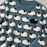 Knit Sweater for Women – Sheep Pattern Crew Neck Pullover with Textured Design