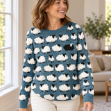 Knit Sweater for Women – Sheep Pattern Crew Neck Pullover with Textured Design
