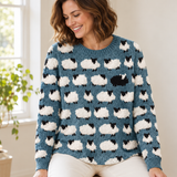 Knit Sweater for Women – Sheep Pattern Crew Neck Pullover with Textured Design