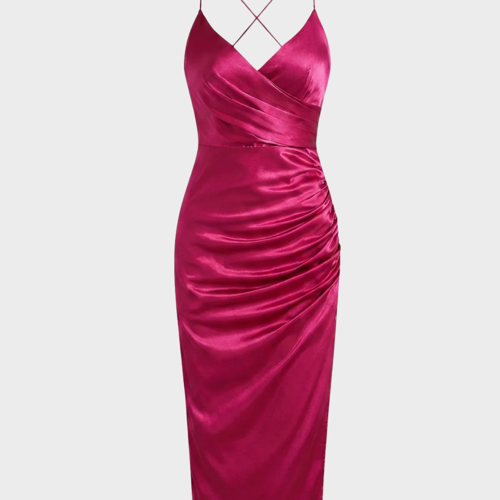 Ruched Satin Midi Dress with Wrap V-Neck and Spaghetti Straps