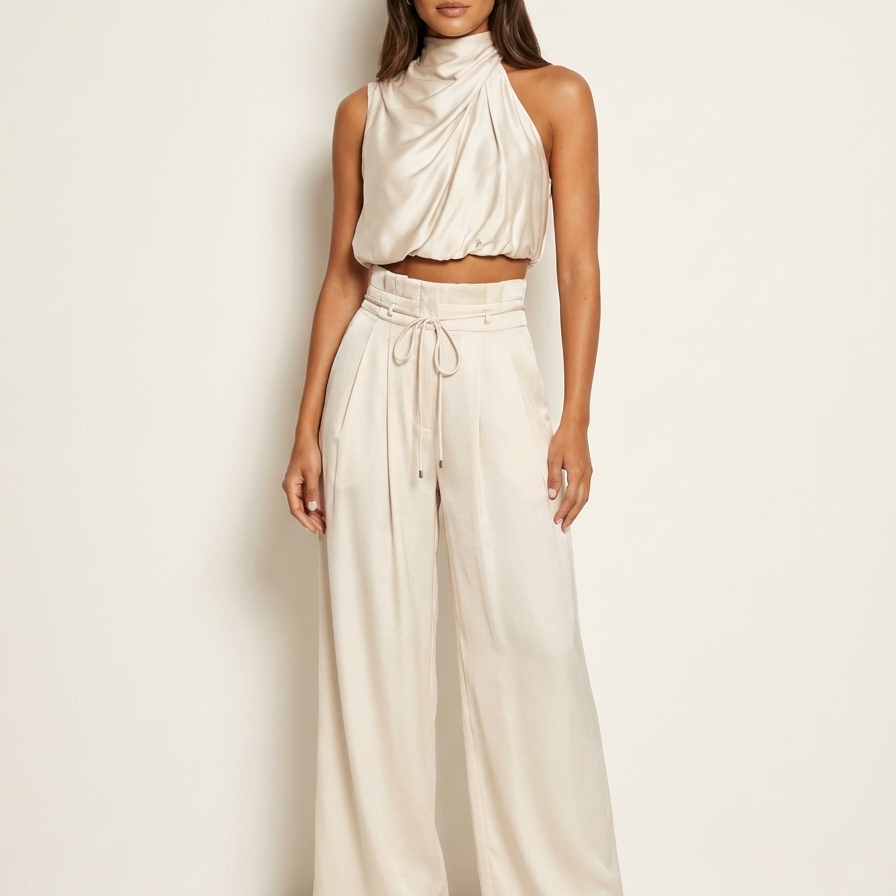 Halter Crop Top and Wide-Leg Pants Set with Tie Waist