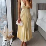 Satin Cut-Out Pleated Maxi Dress with V-Neck