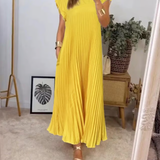 Pleated Maxi Dress with Crew Neck and Cap Sleeves
