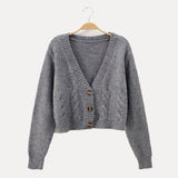 Women's Cropped Cardigan Sweater with Cable Knit Pattern V Neck and Button Front