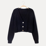 Women's Cropped Cardigan Sweater with Cable Knit Pattern V Neck and Button Front