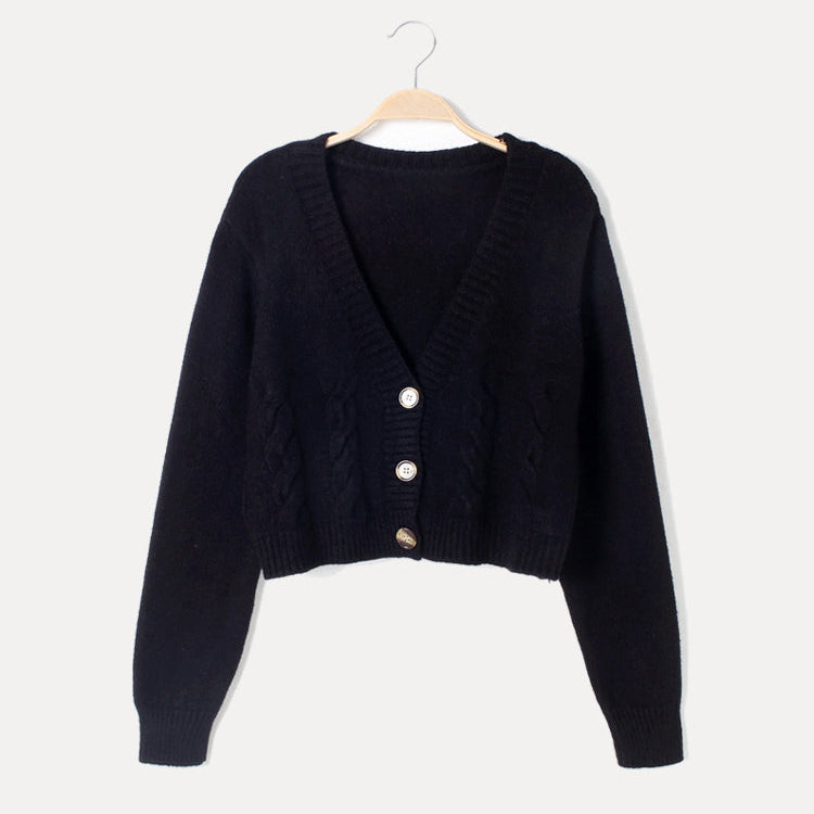 Women's Cropped Cardigan Sweater with Cable Knit Pattern V Neck and Button Front