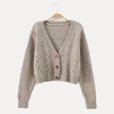 Women's Cropped Cardigan Sweater with Cable Knit Pattern V Neck and Button Front