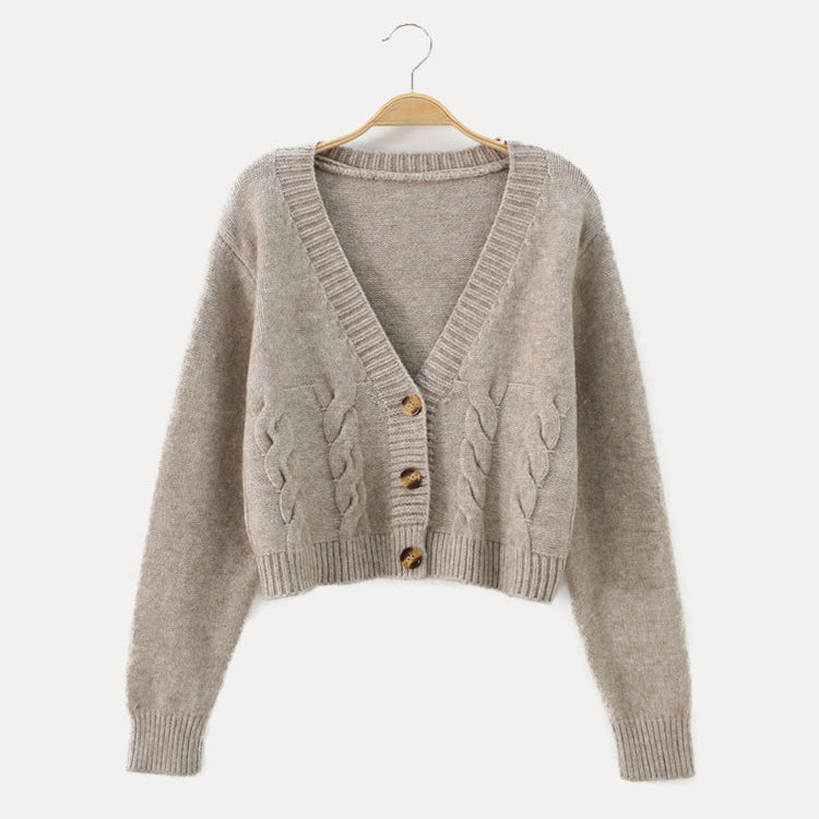 Women's Cropped Cardigan Sweater with Cable Knit Pattern V Neck and Button Front