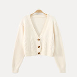 Women's Cropped Cardigan Sweater with Cable Knit Pattern V Neck and Button Front