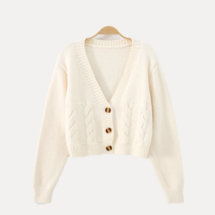 Women's Cropped Cardigan Sweater with Cable Knit Pattern V Neck and Button Front