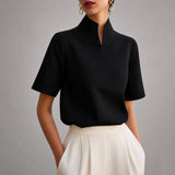 Notched Mock Neck Blouse with Short Sleeves