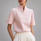 Notched Mock Neck Blouse with Short Sleeves