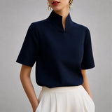 Notched Mock Neck Blouse with Short Sleeves