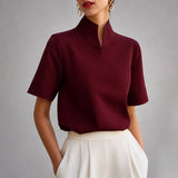 Notched Mock Neck Blouse with Short Sleeves