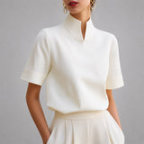 Notched Mock Neck Blouse with Short Sleeves
