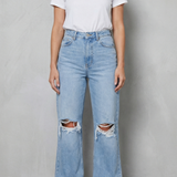 Ripped High-Waisted Wide-Leg Denim Jeans