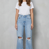 Ripped High-Waisted Wide-Leg Denim Jeans