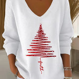 Christmas Sweater for Women V Neck Knit Pullover with Christmas Tree Print and Long Sleeves for Holiday Season