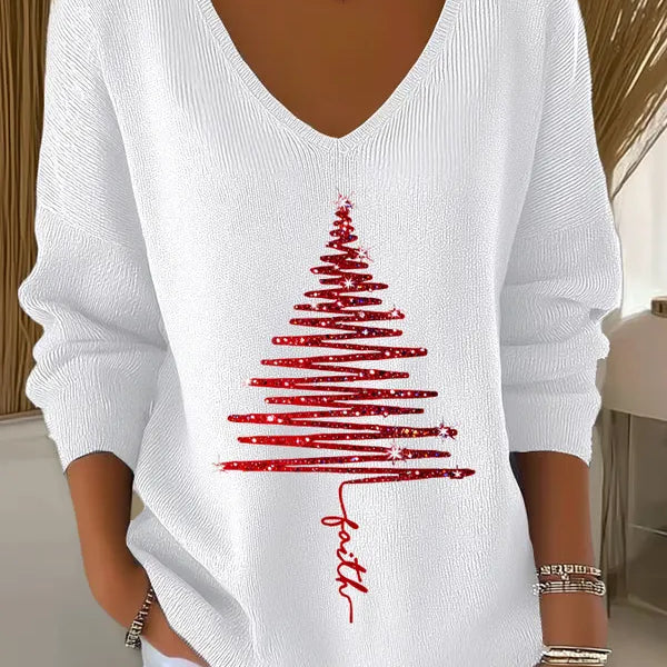 Christmas Sweater for Women V Neck Knit Pullover with Christmas Tree Print and Long Sleeves for Holiday Season