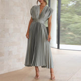 Pleated Maxi Dress with V-Neck and Cap Sleeves