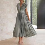 Pleated Maxi Dress with V-Neck and Cap Sleeves