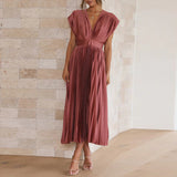 Pleated Maxi Dress with V-Neck and Cap Sleeves