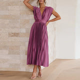 Pleated Maxi Dress with V-Neck and Cap Sleeves