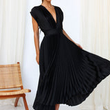 Pleated Maxi Dress with V-Neck and Cap Sleeves