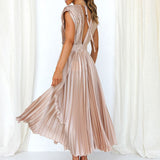 Pleated Maxi Dress with V-Neck and Cap Sleeves