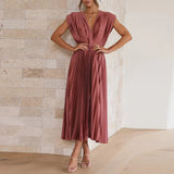 Pleated Maxi Dress with V-Neck and Cap Sleeves