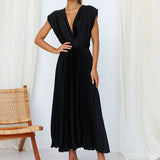 Pleated Maxi Dress with V-Neck and Cap Sleeves