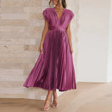 Pleated Maxi Dress with V-Neck and Cap Sleeves