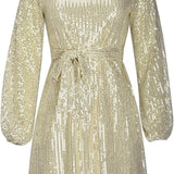 Sequin Mini Dress with Batwing Sleeve and Tie Waist
