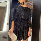 Sequin Mini Dress with Batwing Sleeve and Tie Waist