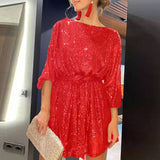 Sequin Mini Dress with Batwing Sleeve and Tie Waist