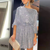 Sequin Mini Dress with Batwing Sleeve and Tie Waist