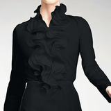 Women's Blouse with Ruffle Front High Neckline and Long Sleeves