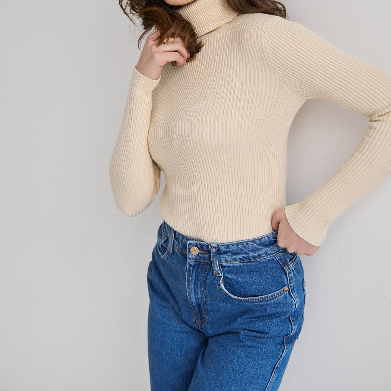 Fitted Ribbed Turtleneck Knit Sweater