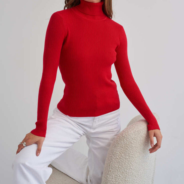 Fitted Ribbed Turtleneck Knit Sweater