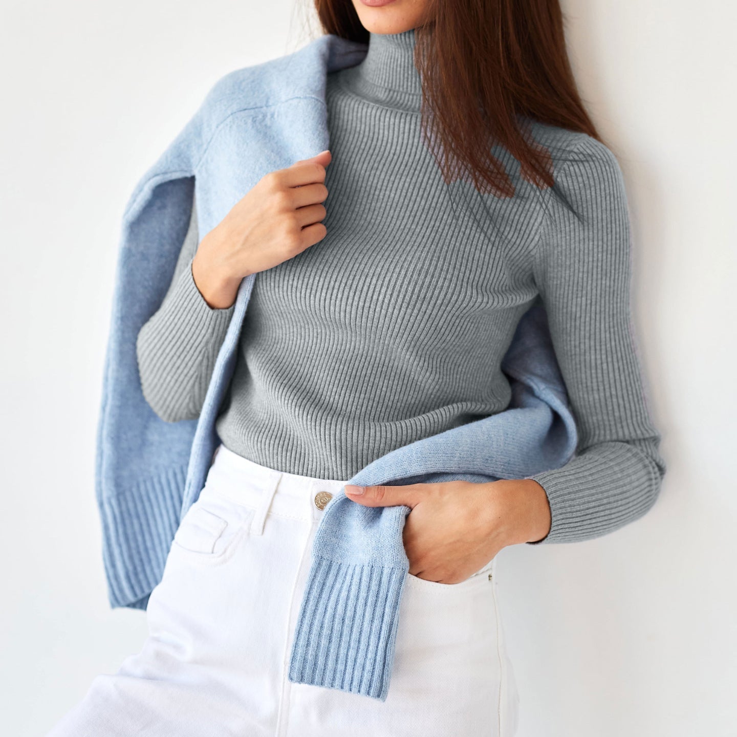 Fitted Ribbed Turtleneck Knit Sweater