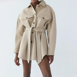 Belted Shirt Jacket with Flap Pockets and Point Collar