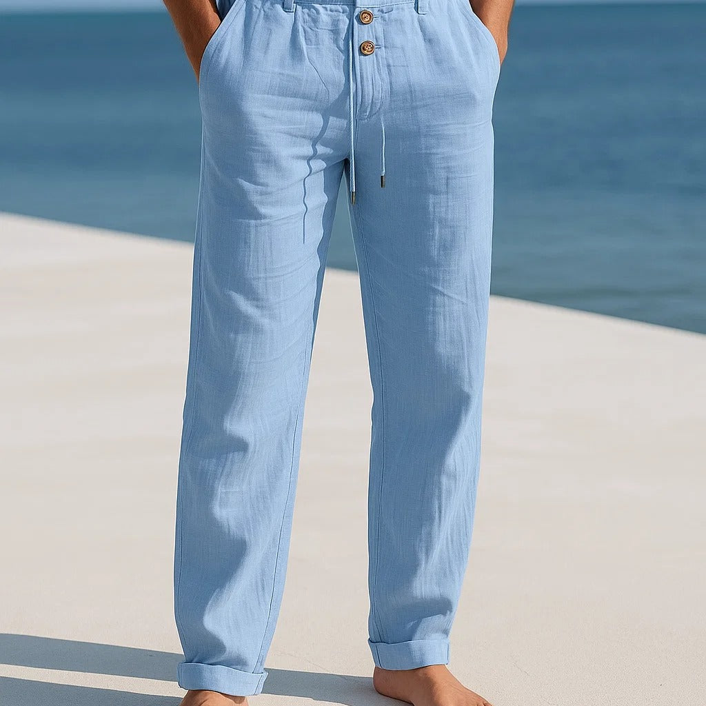 Linen Tapered Trousers with Drawstring Waist and Button Front