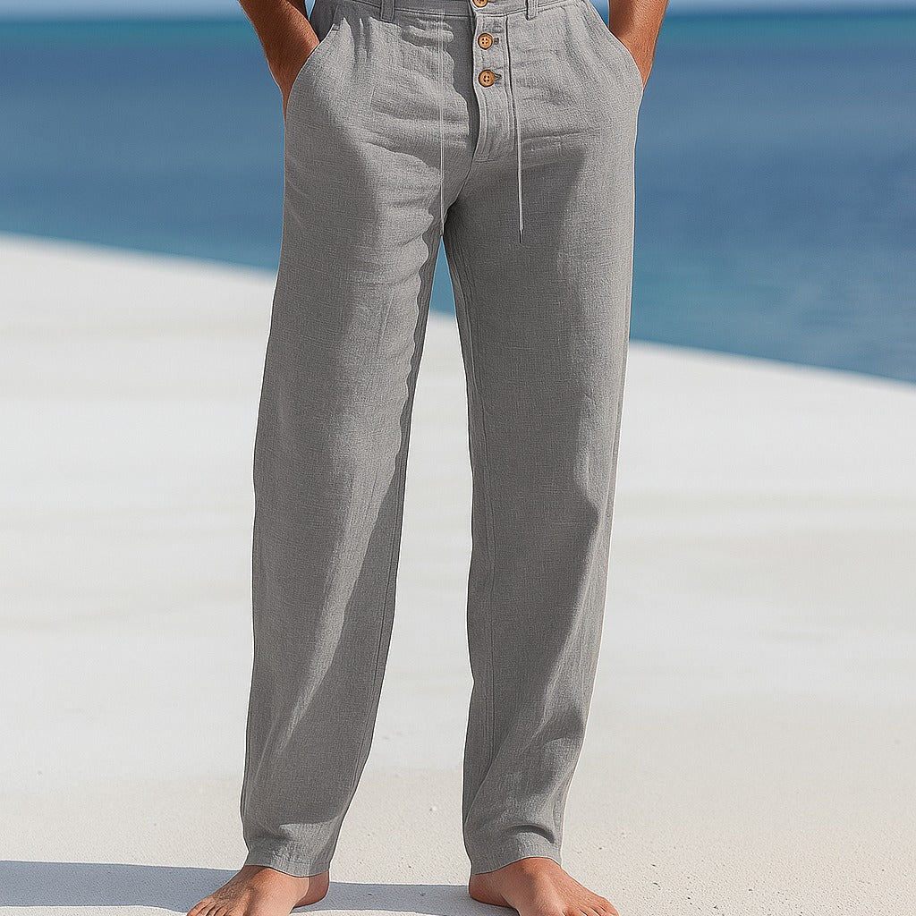 Linen Tapered Trousers with Drawstring Waist and Button Front