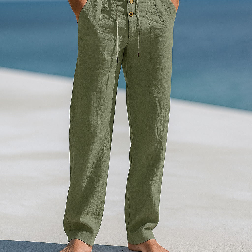 Linen Tapered Trousers with Drawstring Waist and Button Front