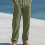 Linen Tapered Trousers with Drawstring Waist and Button Front