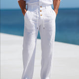 Linen Tapered Trousers with Drawstring Waist and Button Front