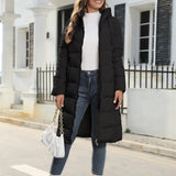 Long Quilted Hooded Puffer Coat with Zip Front