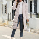 Long Quilted Hooded Puffer Coat with Zip Front