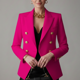 Fitted Double-Breasted Blazer with Button Front and Flap Pockets